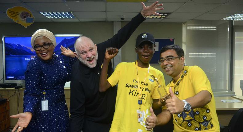 L-R: Acting Chief Human Resources Officer, MTN Nigeria, Kemi Adisa; MTN Nigeria’s Chief Executive Officer, Ferdi Moolman; MTN Nigeria’s first one-day kid-CEO, Ademuwa Ifeoluwa and Chief Marketing Officer, MTN Nigeria, Rahul De; at the MTN Plaza, Ikoyi, Lagos, during Ademuwa’s day as the Kid-CEO