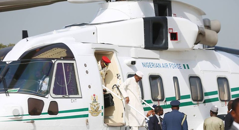 President Buhari was spotted alighting from a chopper at the Nnamdi Azikwe International Airport as he made his way to Ira on Sunday, November 22, 2015