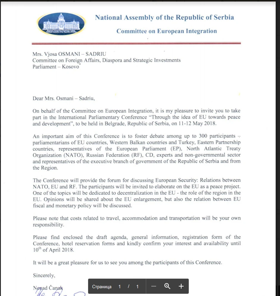 Pozivno pismo kosovskoj poslanici