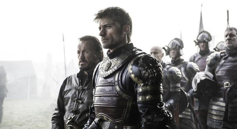 Jerome Flynn (Bronn) and Nikolaj Coster-Waldau (Jaime Lannister) in Game of Thrones.