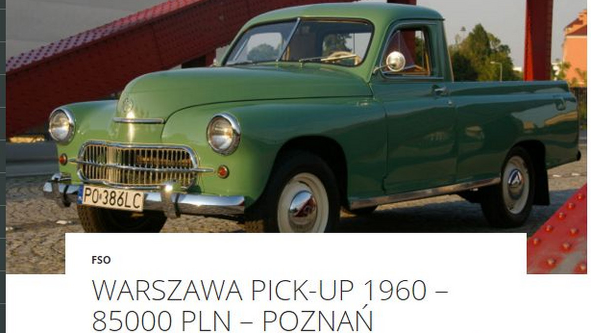 Niecodzienny egzemplarz legendy polskiej motoryzacji szuka nowego właściciela. Na sprzedaż wystawiono Warszawę Pick-up z 1960 roku. Chętny na zakup samochodu będzie musiał głęboko sięgnąć do kieszeni, gdyż jego cena wynosi 85 tys. zł.