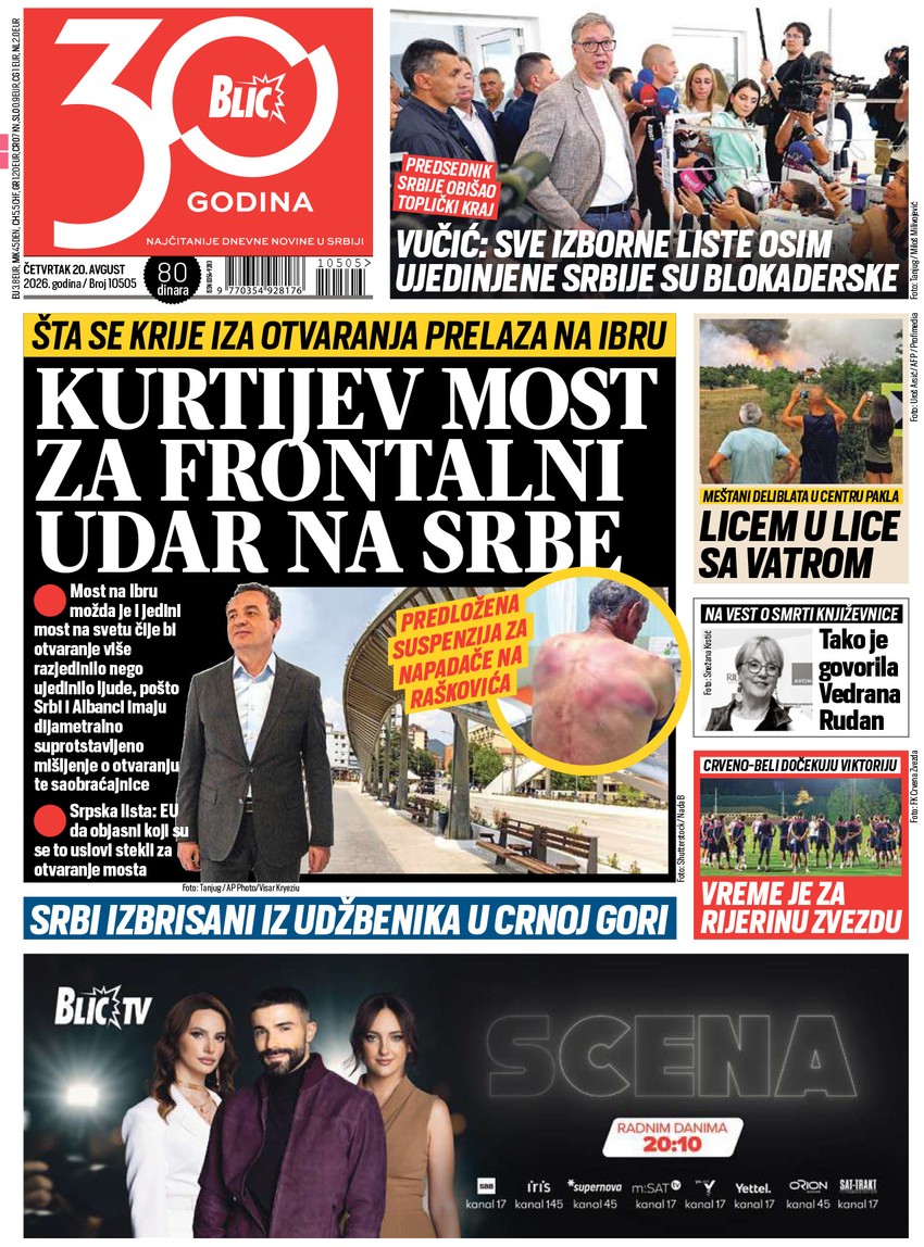 Blic naslovna strana za 20.8.