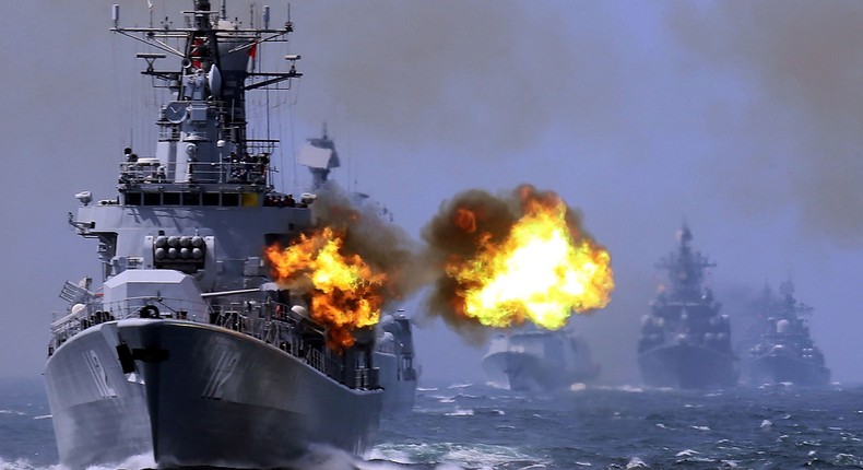 China's Harbin guided-missile destroyer takes part in naval exercises with the Russian navy.