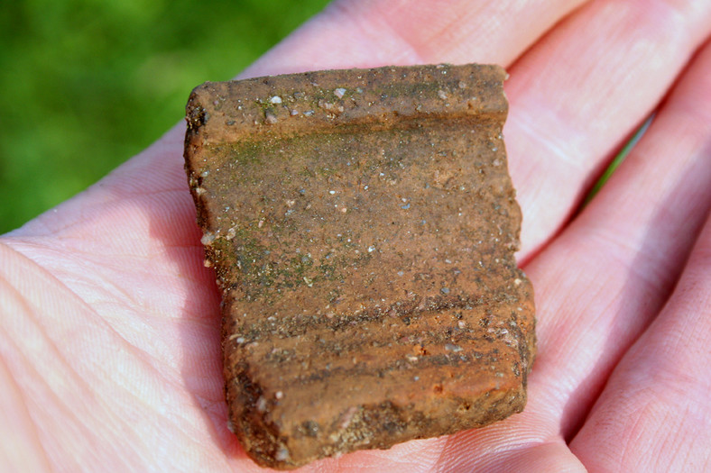 Fragment glinianego naczynia znaleziony w średniowiecznym grodzisku pod Łomżą