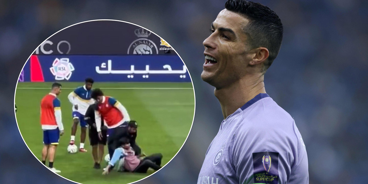 Cristiano Ronaldo w ostatniej chwili uratował się przed ostrym wślizgiem szalonego kibica. 