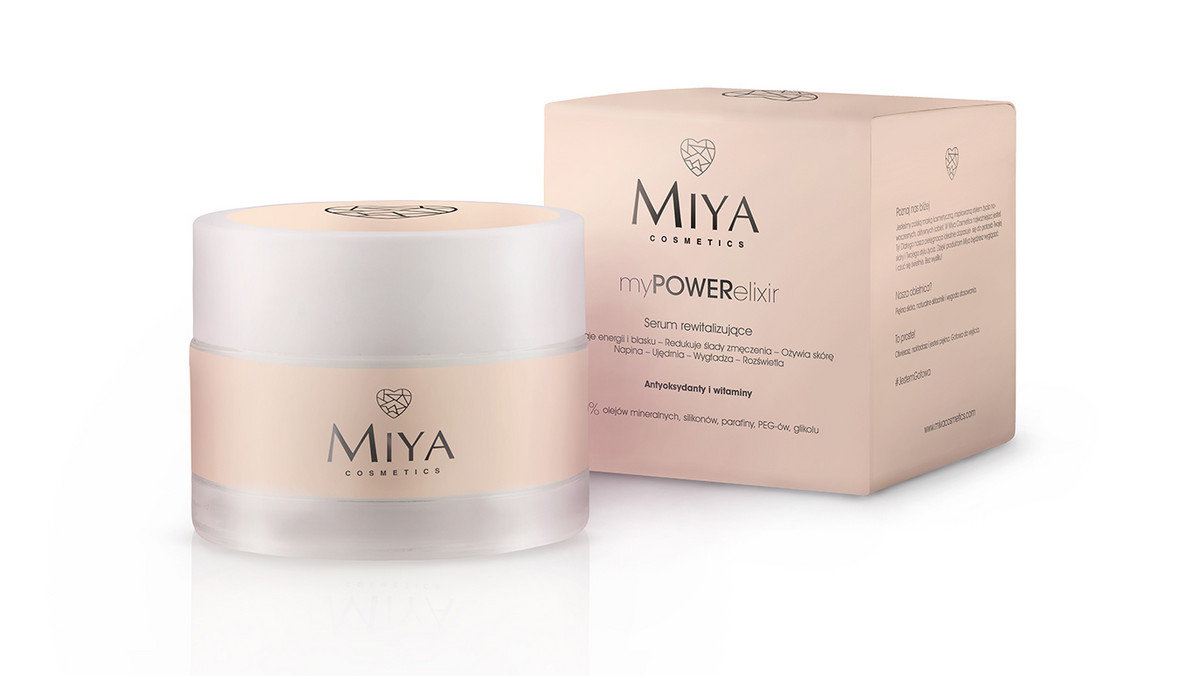 MIYA Cosmetics, myPOWERelixir to naturalne serum rewitalizujące do codziennego stosowania. Upiększa skórę i nadaje jej niezwykły blask. MIYA Cosmetics to polska marka kosmetyczna. Serum Rewitalizujące myPOWERelixir sprawdzi się u posiadaczek nawet najbardziej wymagających cer.