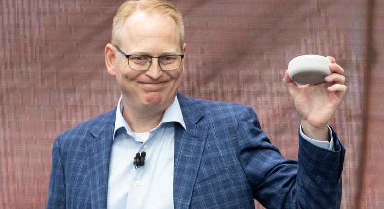 Amazon exec Dave Limp with the redesigned Echo Dot.