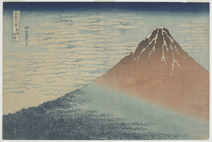 Hokusai - "Piękna pogoda przy południowym wietrze Gaifu kaisei" z serii "Trzydzieści sześć  widoków góry Fuji"