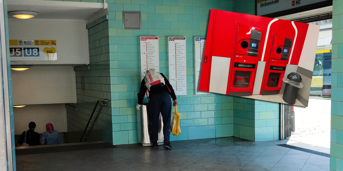 Berliński "zbieracz" szuka butelek w śmietniku na Alexanderplatz.