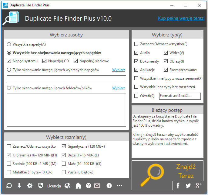 Główne okno programu do wyszukiwania i usuwania duplikatów plików - Duplicate File Finder Plus