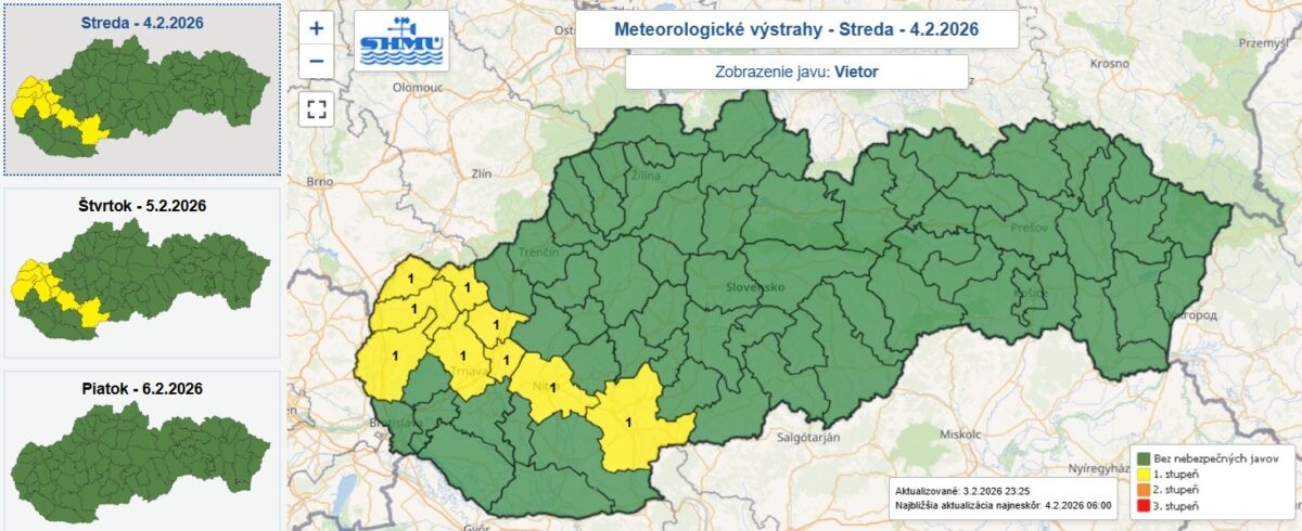 Výstraha prvého stupňa pred silným vetrom je od stredy 18.00 do štvrtkovej šiestej hodiny rannej vydaná pre okresy Malacky, Myjava, Levice, Nitra, Hlohovec, Piešťany, Senica, Skalica a Trnava.