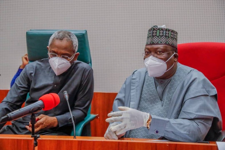 President of the Senate, Ahmaad Lawan (Right) and Speaker of the House of Representatives, Femi Gbajabiamila. [Twitter/@SPNigeria]