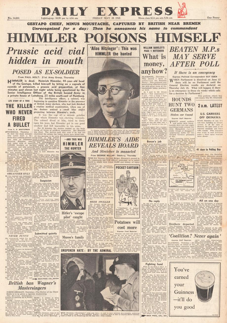 Brytyjski „Daily Express” z 25 maja 1945 r. na pierwszej stronie informuje o samobójstwie Heinricha Himmlera
