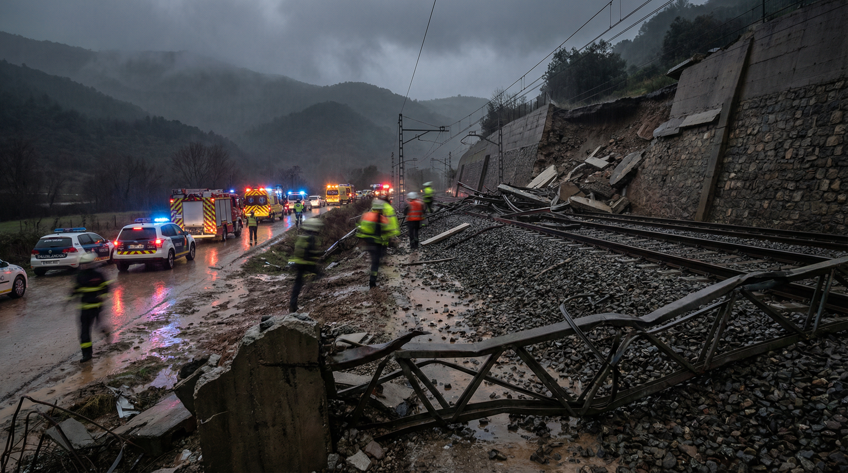 Kierowca nie żyje, 37 rannych - mur runął na pociąg w prowincji Barcelona