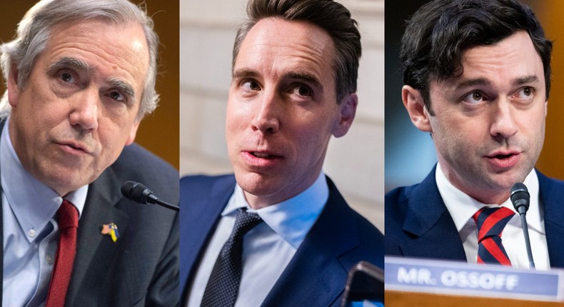 Sens. Jeff Merkley, Josh Hawley, and Jon Ossoff came together with a new plan to ban lawmakers from trading stocks.Bonnie Cash/AP Images; Tom Williams/CQ-Roll Call via Getty Images