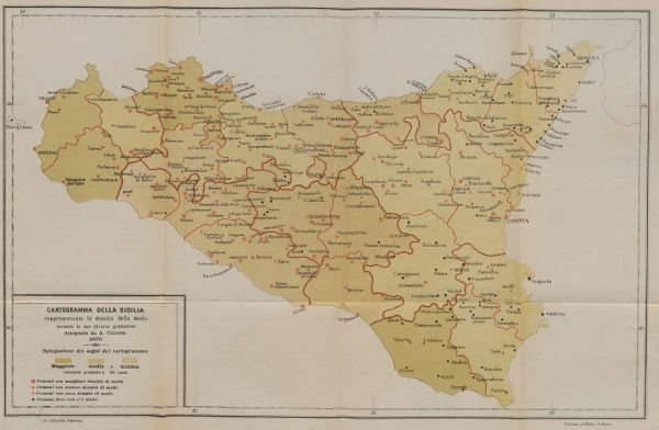 Mapa Sycylii z 1900 roku pokazująca miejscowości znajdujące się pod wpływem mafii (domena publiczna).