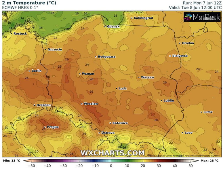 Temperatura powietrza we wtorek po południu (wxcharts.com)