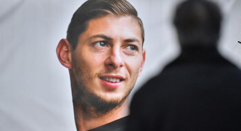 A portrait of Emiliano Sala displayed in front of the entrance of the FC Nantes football club training centre in 2019 after he died in a plane crash Creator: LOIC VENANCE