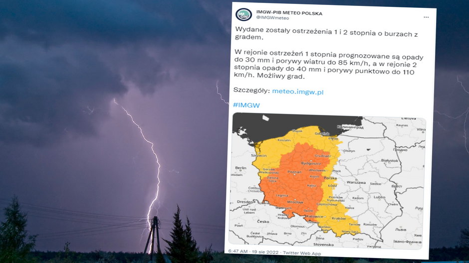IMGW wydaje ostrzeżenia przed groźnymi burzami w piątek (screen: Twitter.com/IMGWmeteo)