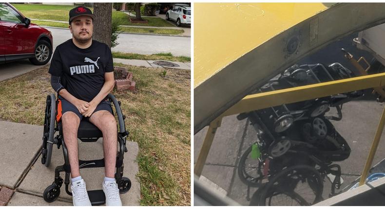 Jesus Centeno (L) and his wheelchair with multiple strollers loaded on top of it