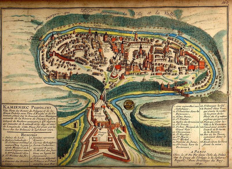 Francuska mapa Kamieńca Podolskiego z 1691 r., zamek znajduje się u jej dołu