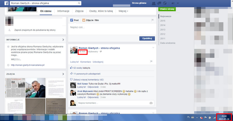 Wpis był dostępny na Facebooku jeszcze po 21. 