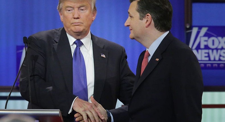 Donald Trump and Ted Cruz at a GOP primary debate in the 2016 presidential election campaign in Detroit, Michigan.