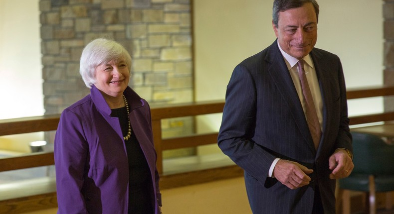 Fed Chair Janet Yellen and ECB President Mario Draghi share a chuckle.