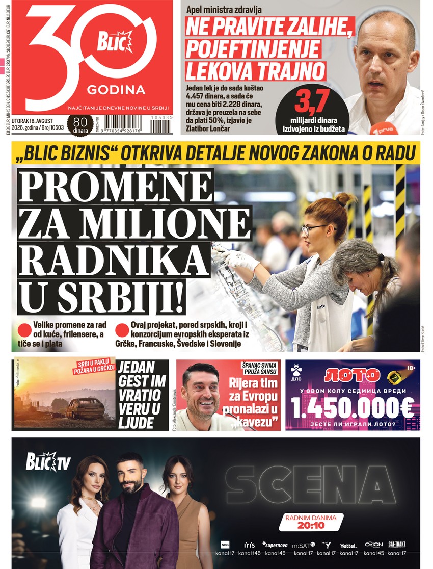 Blic naslovna strana za 18.8.