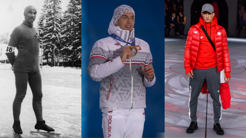 Od lewej: zdjęcie norweskiego panczenisty Ivara Ballangruda w stroju sportowym z 1936 roku, w środku Zbigniew Bródka na igrzyskach w Soczi 2014 (zdjęcie: PKOL), po prawej najnowsza Kolekcja Olimpijska PYEONGCHANG 2018