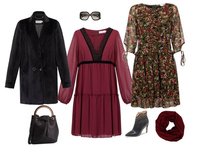 Romantyczne STYLIZACJE na zimę: bordowa szyfonowa sukienka – Cotton Club/cottonclub.pl, sukienka w kwiaty – Midori Feminine Fashion/midori.pl, welurowa marynarka – Cotton Club/cottonclub.pl, torebka – Menbur/menbur.pl, szalik – Midori Feminine Fashion/midori.pl, okulary – Tkmaxx, botki – Caprice/caprice.pl
