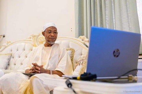 Aregbesola monitors his first ever virtual colloquium (Aregbesola media team)