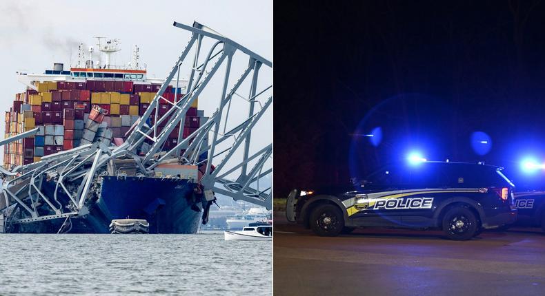 Left: The cargo ship Dali sits in the water after running into and collapsing the Francis Scott Key Bridge, Right: Security forces take measures and close the roads leading to the collapsed Francis Scott Key BridgeCelal Gunes/Anadolu via Getty Images and Tasos Katopodis/Getty Images