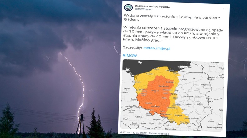 IMGW wydaje ostrzeżenia przed groźnymi burzami w piątek (screen: Twitter.com/IMGWmeteo)