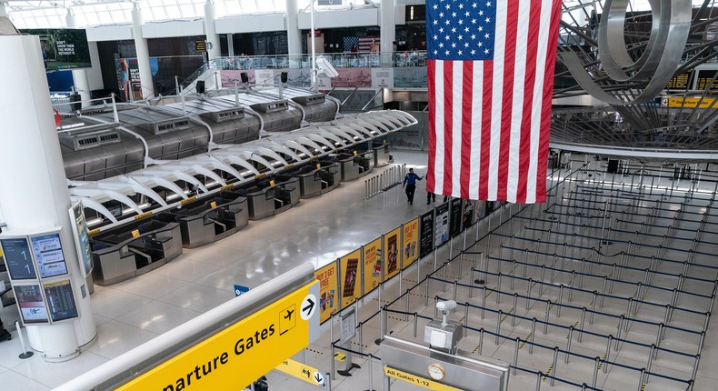 A general view of the departure hall of Terminal 1 at JFK airport on May 15, 2020. There are virtually no travelers during COVID-19 pandemic at the airport.