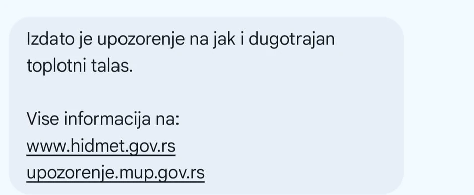 Poruka upozorenja Ministarstva unutrašnjih poslova (MUP) Srbije na predstojeći, najavljeni toplotni talas | Foto: BBC