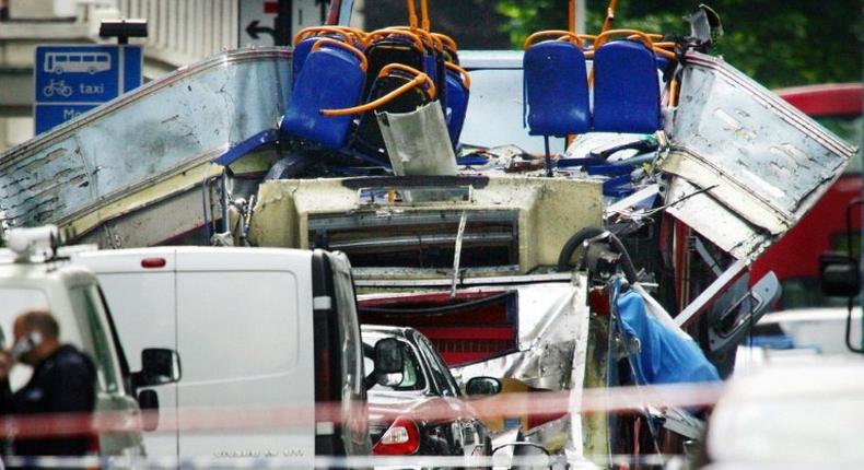 The remains of a double-decker bus in Tavistock Square in London, destroyed in one of a series of attacks on July 7, 2005 that killed 52 people