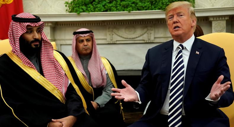 U.S. President Donald Trump welcomes Saudi Arabia's Crown Prince Mohammed bin Salman in the Oval Office at the White House in Washington, U.S. March 20, 2018.