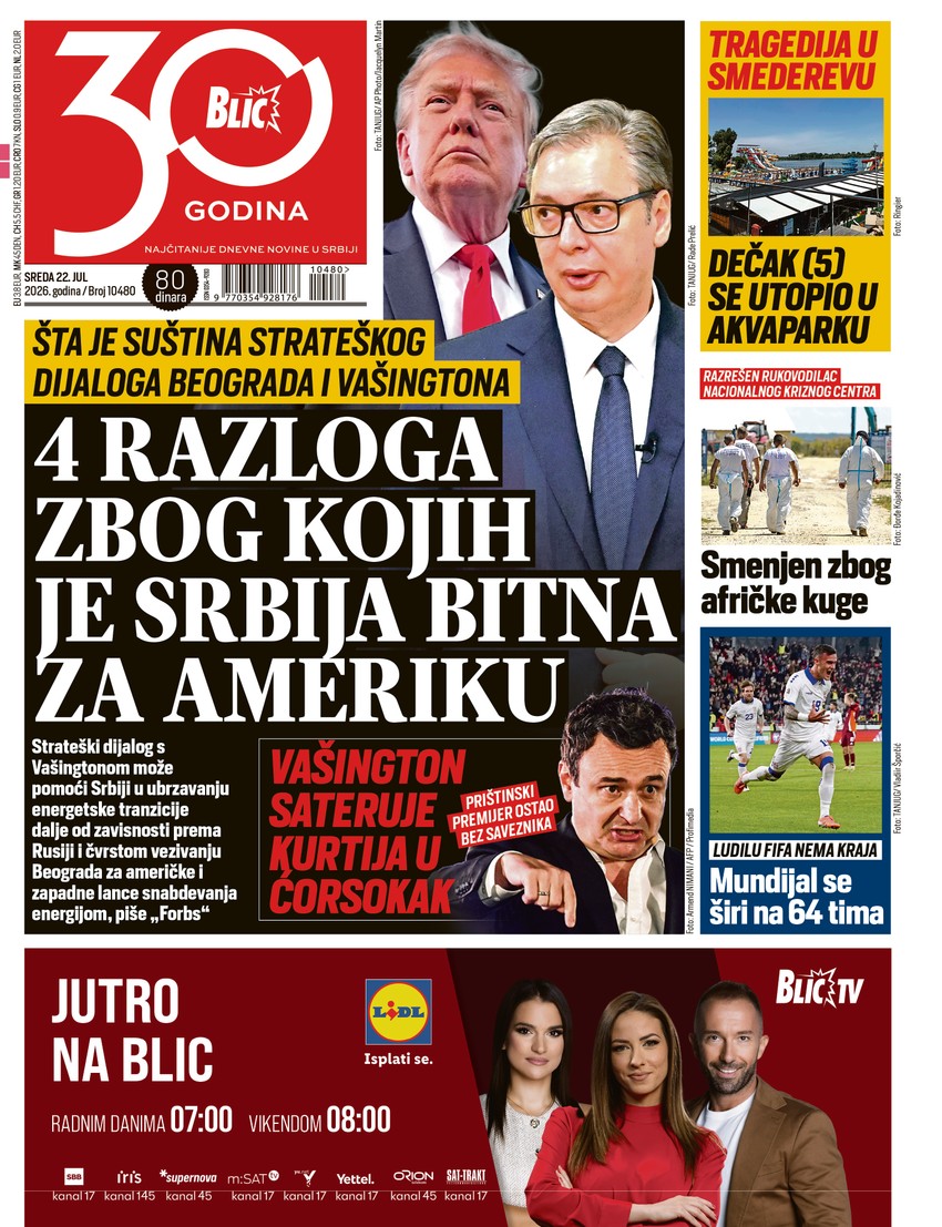 Blic naslovna strana za 22.7.