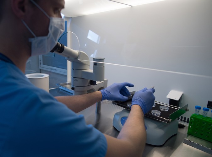 Embriolog dr n. med. Adam Abramik prezentuje sposób przygotowania tkanki do przeszczepu