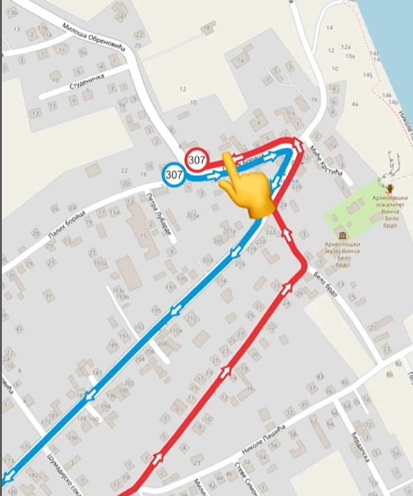 Mapa izmene linije javnog prevoza broj 307