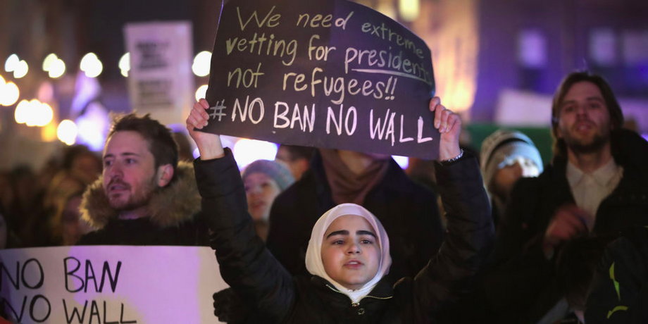 Several hundred demonstrators protest President Donald Trump's executive order which imposes a freeze on admitting refugees into the United States and a ban on travel from seven Muslim-majority countries at the international terminal at O'Hare Airport on February 1, 2017 in Chicago, Illinois.