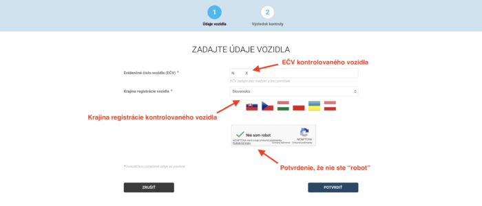 Úvodná strana formulára pre overenie platnosti diaľničnej známky.