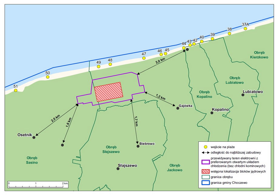 Mapa lokalizacji elektrowni jądrowej na Pomorzu z uwzględnieniem odległości do najbliższych miejscowości.