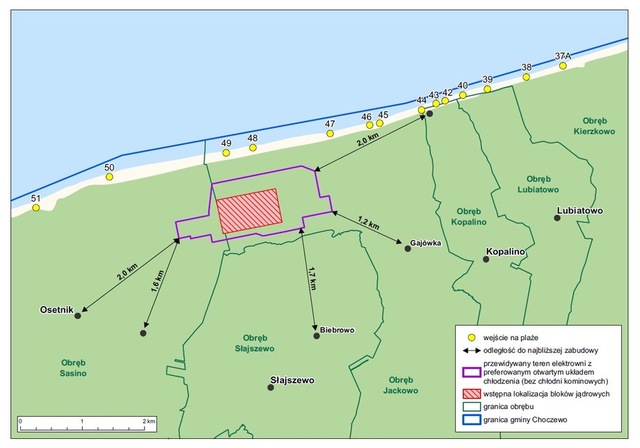 Mapa lokalizacji elektrowni jądrowej na Pomorzu z uwzględnieniem odległości do najbliższych miejscowości.