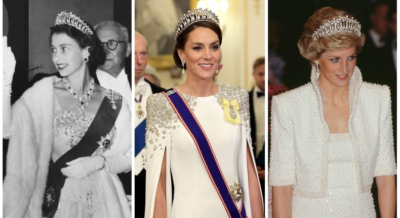 Queen Elizabeth wearing the Lover's Knot tiara in 1954, left, Kate Middleton wearing it in November 2022, center, and Princess Diana wearing it in 1989, right.Hulton Archive/Getty Images, Chris Jackson/Getty Images, Jayne Fincher/Princess Diana Archive/Getty Images