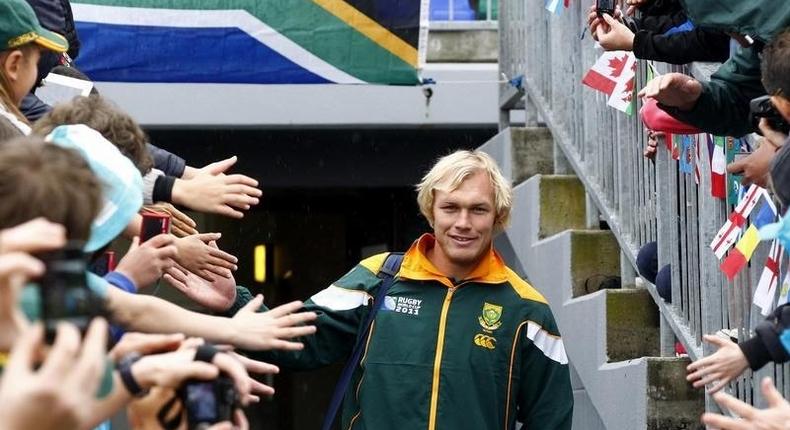 South African Springbok rugby player Schalk Burger greets fans at a practice session in Taupo, in a file photo. REUTERS/Mike Hutchings