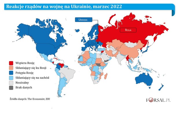 Mapa świata - państwa za i przeciw Rosji