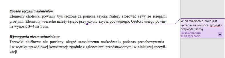 Fragment specyfikacji z komentarzem mówiącym, że "w niemieckich butach jest łączenie za pomocą zyg-zag i przykryte taśmą"