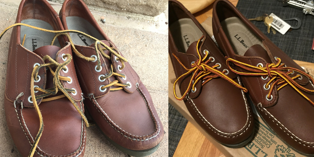My four-year-old LL Bean Blucher Mocs with broken stitching, next to the replacement.